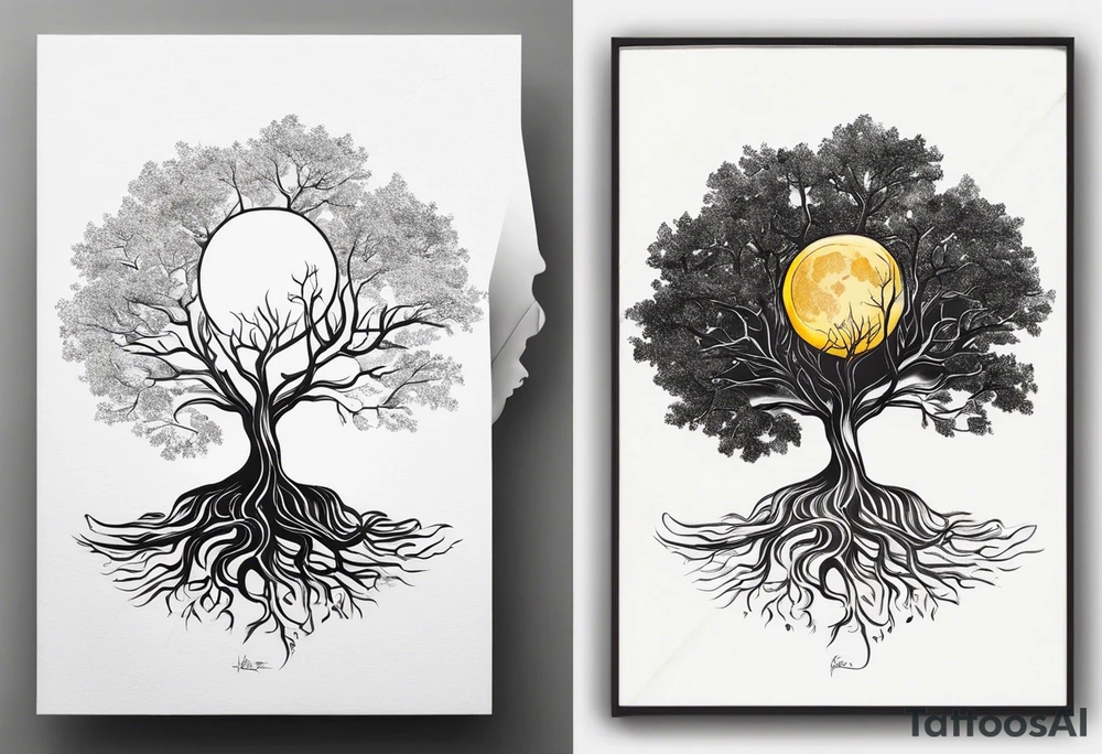Tree with deep roots, the tree is holding the sun and the moon tattoo idea