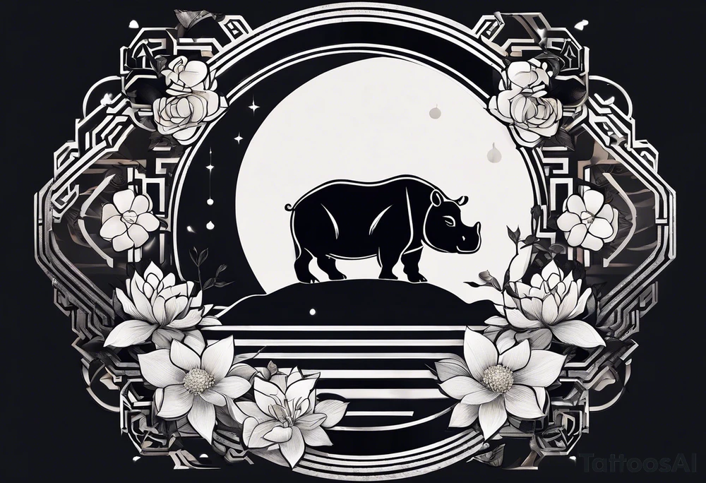 Very asymmetrical, +geometric pattern, with realistic full moon, with serious looking hippo, +zen feel, + Buddhism touch, +tribal, +geometric, +chinese inkart 
with wintersweet flower bud, +portrait orientation, +inkart touch, tattoo idea