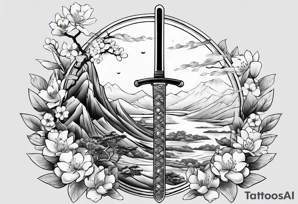 Katana with blossom surrounding it tattoo idea