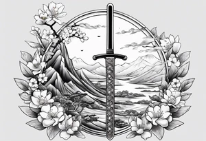 Katana with blossom surrounding it tattoo idea