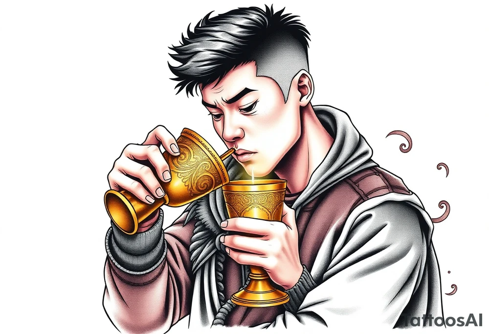 Handsome Asian young guy is drinking from medieval golden cup tattoo idea