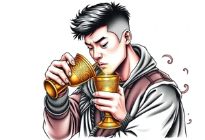 Handsome Asian young guy is drinking from medieval golden cup tattoo idea