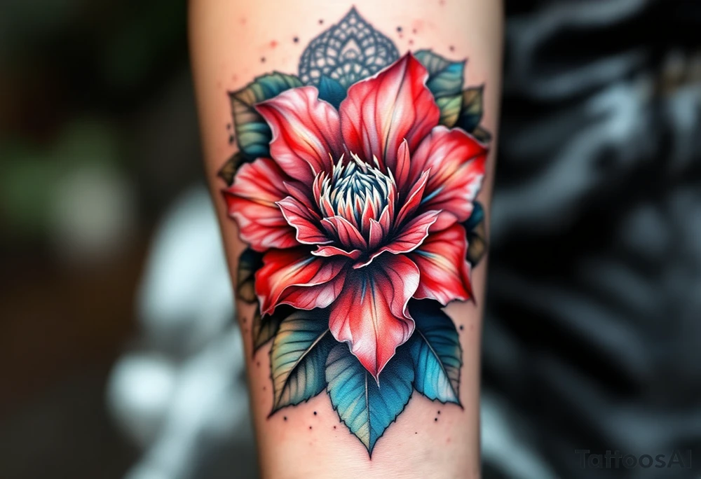 red rhododendron trippy with mandala behind tattoo idea
