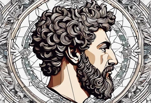 The Face of marcus aurelius with the lower left half missing. He is looking slightly away at 25 degrees. Geometric symbols framing the background tattoo idea