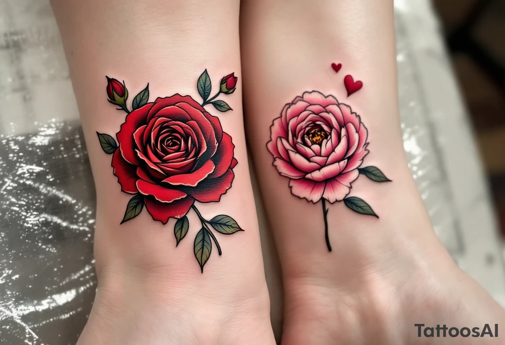 One partner wears a rose in deep red tones, while the other has a blooming peony in pink, together symbolizing eternal passion and beauty. tattoo idea