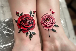One partner wears a rose in deep red tones, while the other has a blooming peony in pink, together symbolizing eternal passion and beauty. tattoo idea