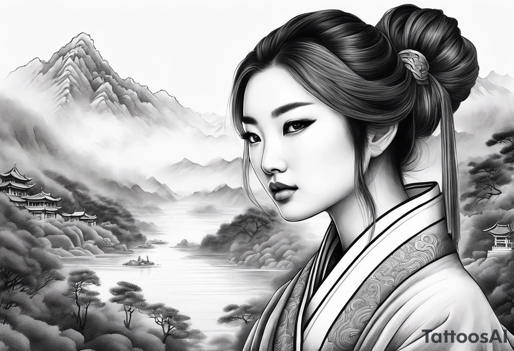 forearm sleeve traditional chinese art painting style autumn mountains mist fog water Chinese temple female with pony tail wearing robes meditating in the distance tattoo idea