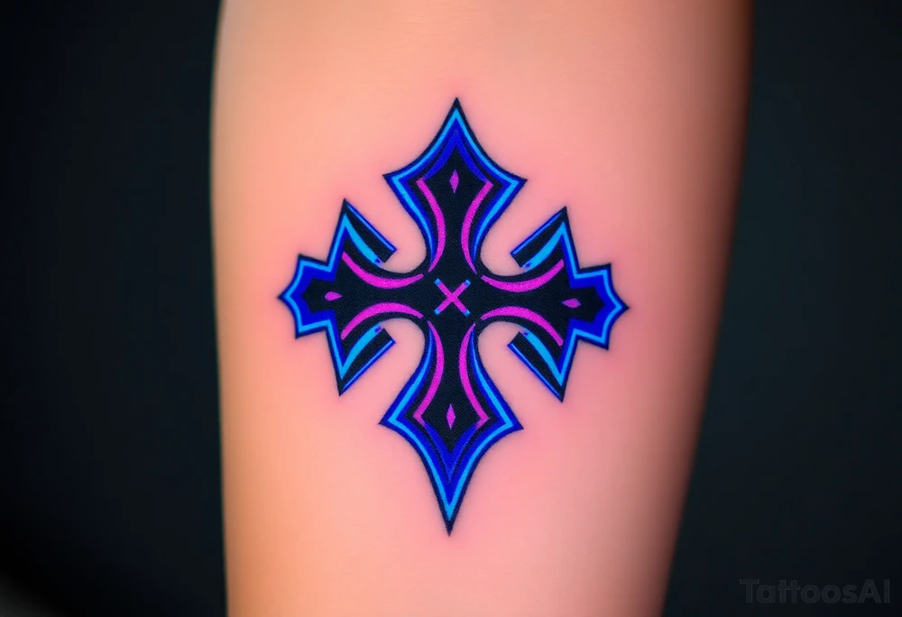 A sleek cyberpunk Maltese cross with neon blue and violet glowing outlines, giving it a futuristic aesthetic tattoo idea