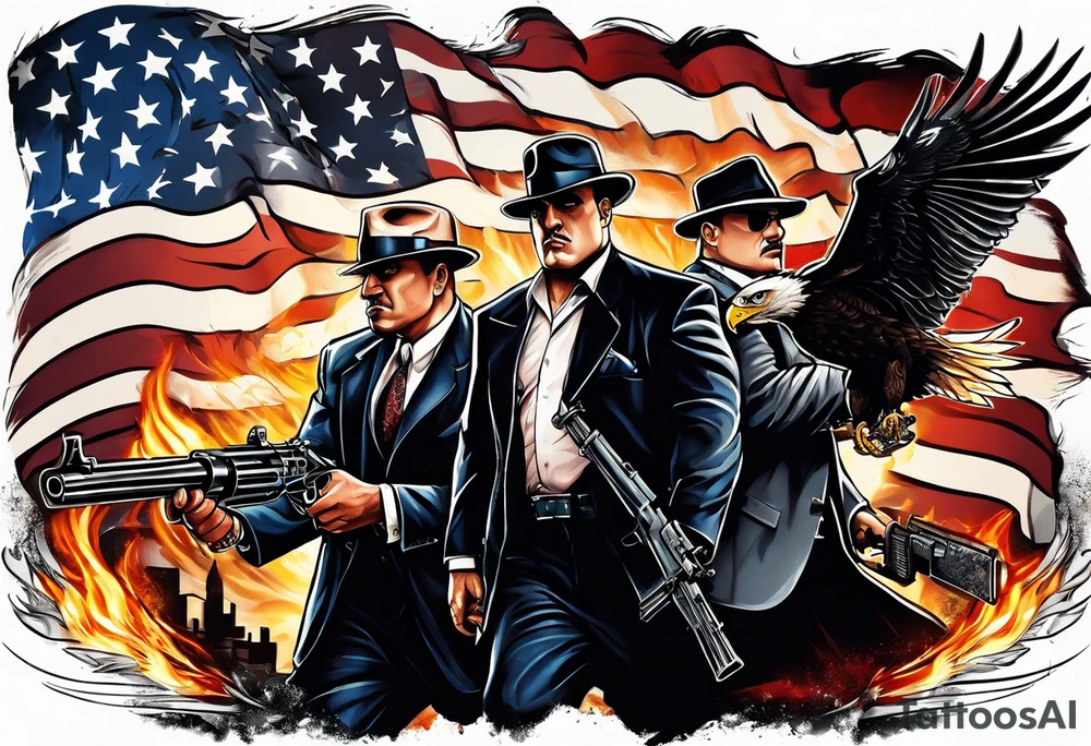 capone style gangsters battling with machine guns against a dark flame background with an angry eagle swooping in with american flag and sexy women tattoo idea