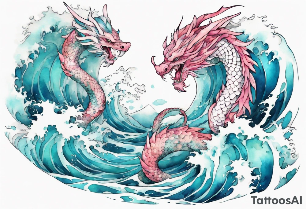 a beautiful turquoise pink and white Tiamat rising from the blue waves of the ocean tattoo idea