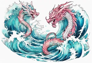 a beautiful turquoise pink and white Tiamat rising from the blue waves of the ocean tattoo idea