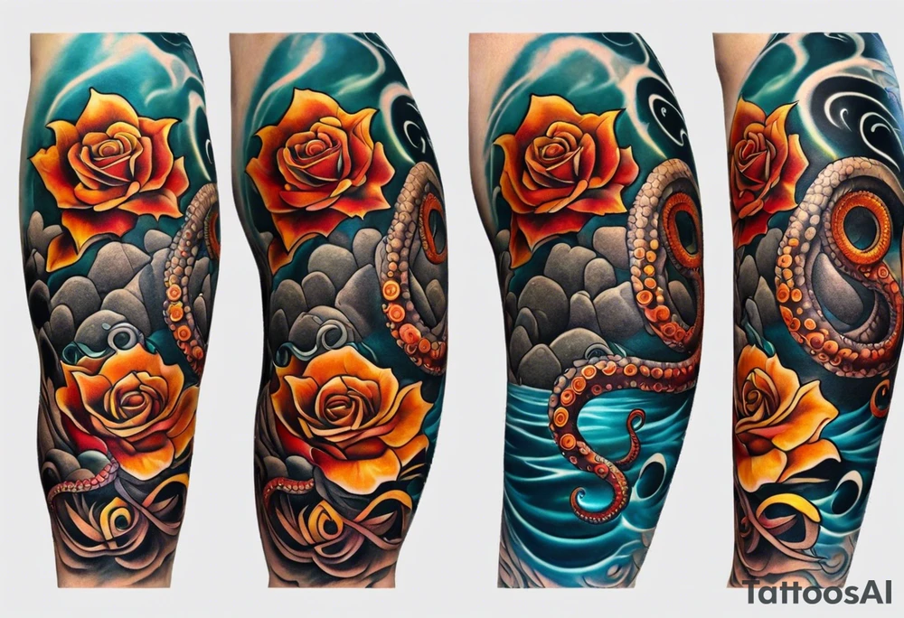 biomechanical Left thigh tattoo with an octopus in water swirls wrapping around rocks, a rose, in fall colors tattoo idea