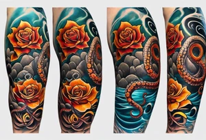 biomechanical Left thigh tattoo with an octopus in water swirls wrapping around rocks, a rose, in fall colors tattoo idea