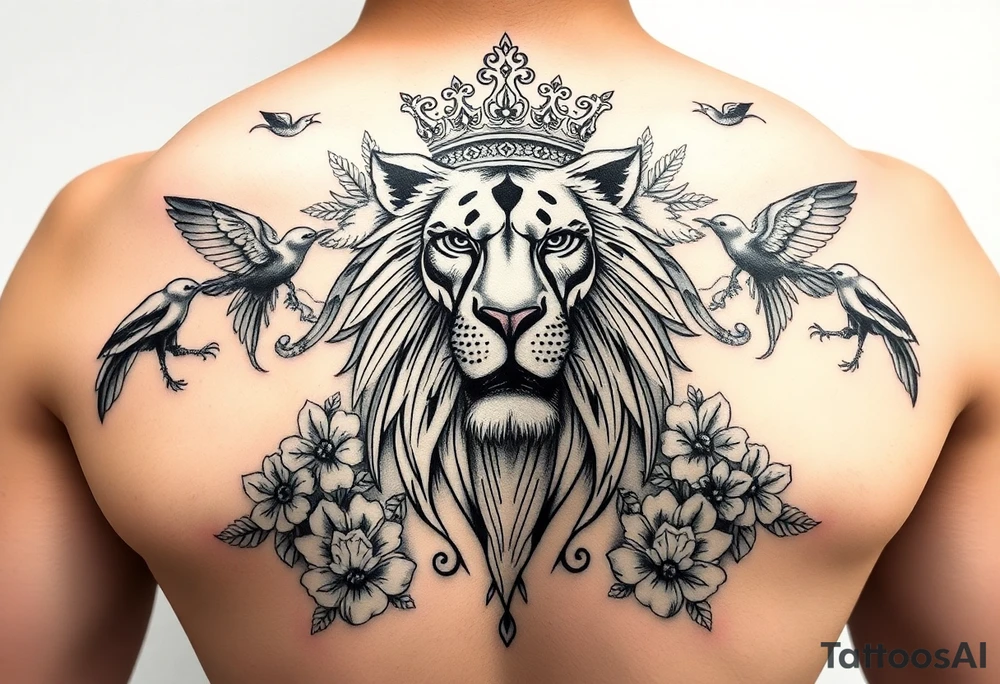 powerful majestic lion with a crown, surrounded by floral ornaments and birds tattoo idea