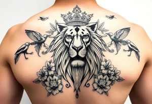 powerful majestic lion with a crown, surrounded by floral ornaments and birds tattoo idea