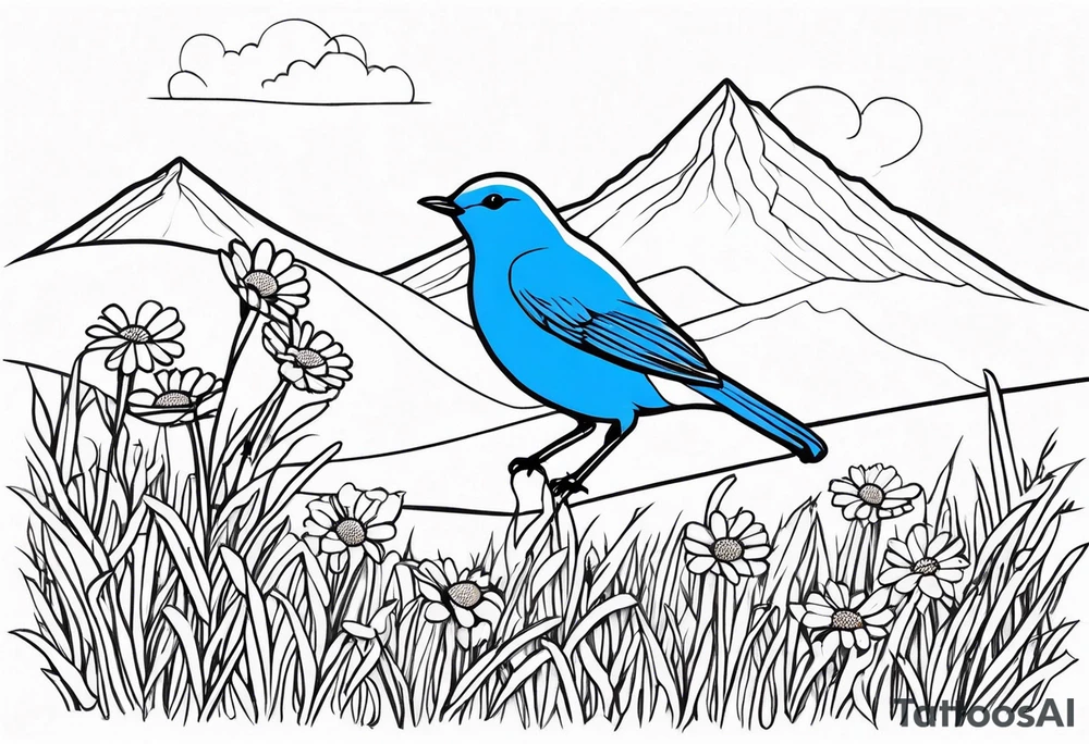 Small blue bird in field of grass and daisys Mountain View in distance tattoo idea