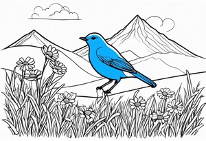 Small blue bird in field of grass and daisys Mountain View in distance tattoo idea