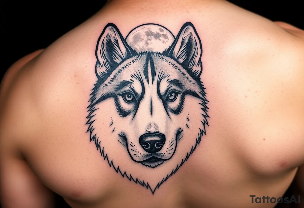 make a small tattoo of the face of a husky white with brown looking at the moon tattoo idea