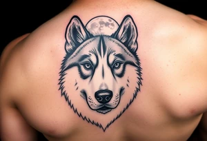 make a small tattoo of the face of a husky white with brown looking at the moon tattoo idea