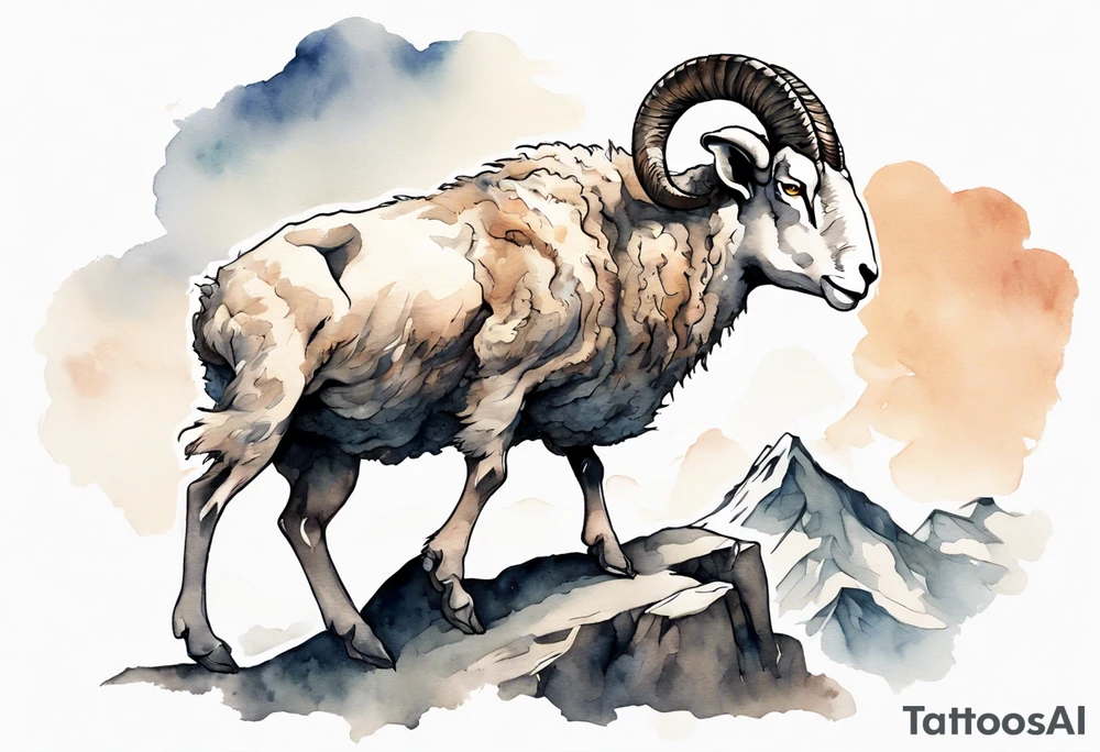 a solitary muscular man with the head of a big-horned sheep, with the feet of a sheep, on a mountain tattoo idea