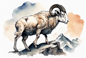 a solitary muscular man with the head of a big-horned sheep, with the feet of a sheep, on a mountain tattoo idea