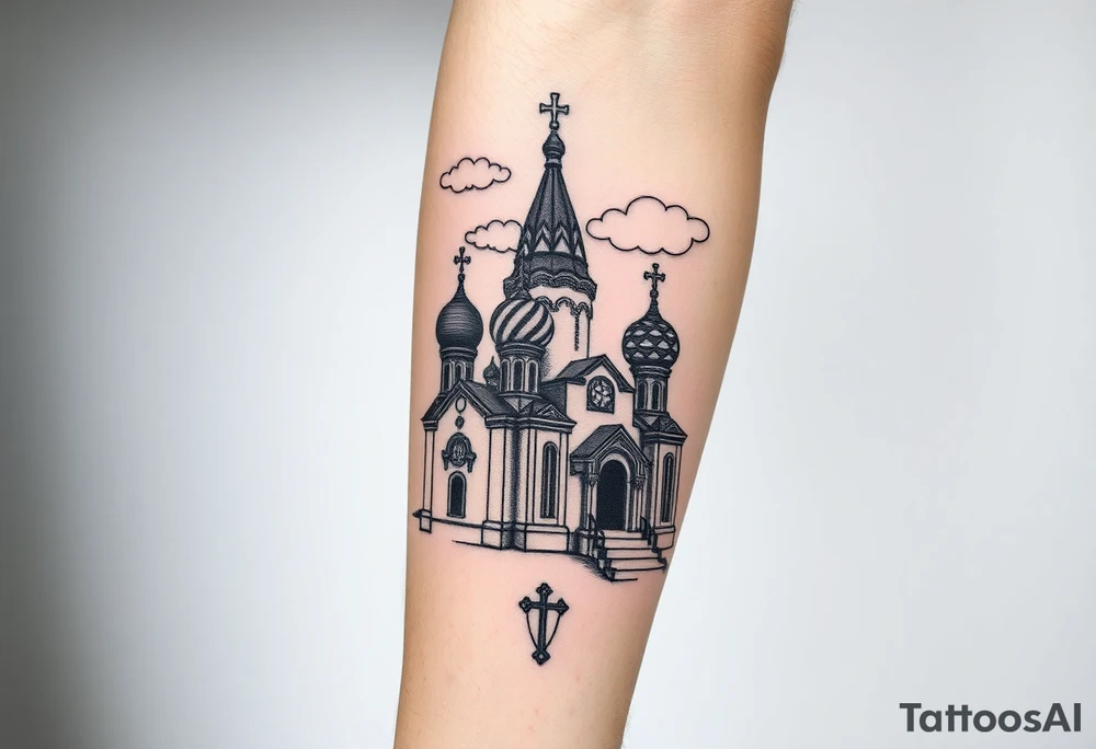 highly detailed Russian Orthodox cathedral sitting on fore arm with onion domes and orthodox crosses, done in fine line, engraving-like style. Cohesive composition, black ink only, no color, high contrast, slightly aged, documentary-style, plain light background. with clouds above it and a virgin mary over looking tattoo idea