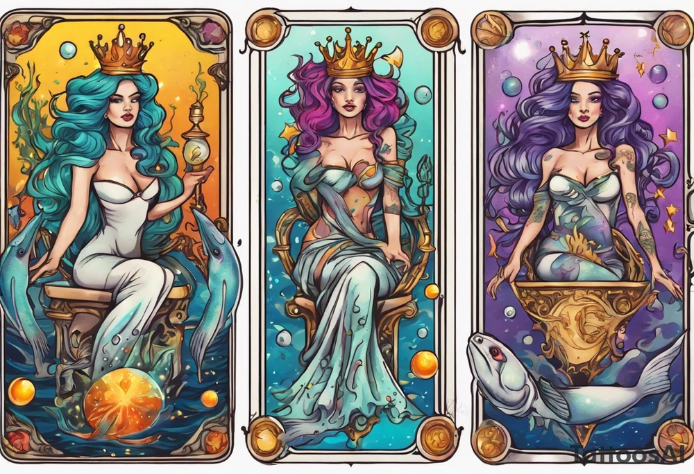 queen pisces tarot card bright colors tattoo idea
