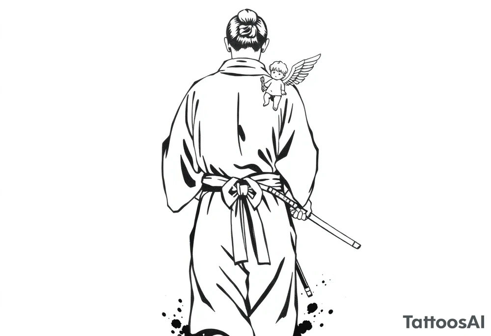 "Blackwork tattoo illustration of a samurai walking away, seen from behind. He wears traditional kimono and hakama with a tied belt, holding two katanas loosely in his hands. A small child angel with detailed feathered wings sits on his shoulder, looking gently toward him. Strong contrast, sumi-e ink splashes, dynamic black brush strokes, minimal background, emotional and symbolic atmosphere, high-detail linework, clean white space." tattoo idea