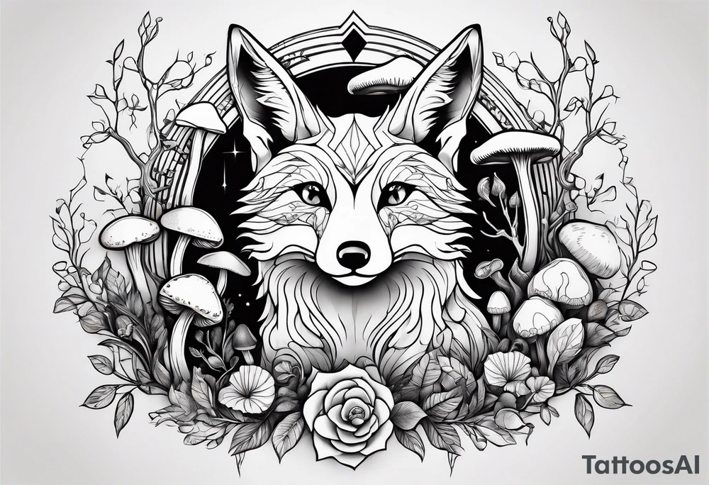 Dear fox skeleton with mushrooms growing out of it tattoo idea