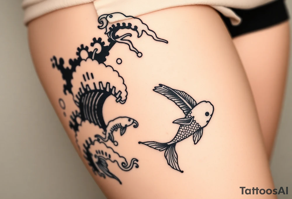 traditional koi fish swimming upstream through turbulent waves tattoo idea
