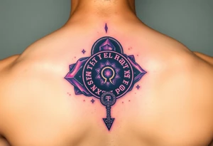 A deep purple crystal lock with glowing runes, and a crescent moon-shaped key radiating a mystical aura tattoo idea