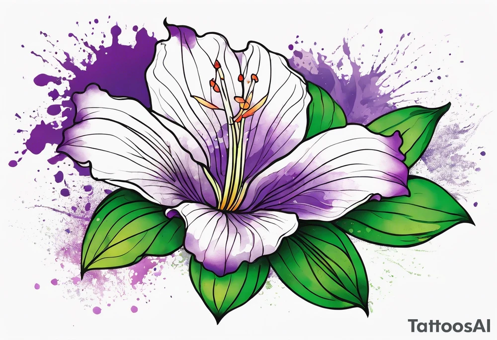 An outline of a rio dipladenia flower with green pedals and a purple watercolor splash in the background tattoo idea