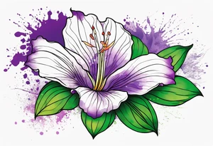 An outline of a rio dipladenia flower with green pedals and a purple watercolor splash in the background tattoo idea