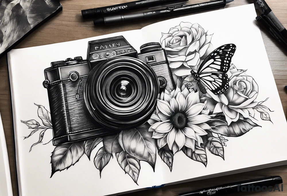 Butterfly, sunflower, camera, book, flower rose tattoo idea Butterfly, sunflower, camera, book, flower rose tattoo idea