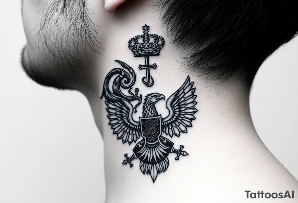 St. George slaying the dragon (hugely common in Russian Orthodox art)
Russian imperial crown above the eagle
Crossed swords or a Russian sabre
The Kremlin or St. Basil's Cathedral scene tattoo idea