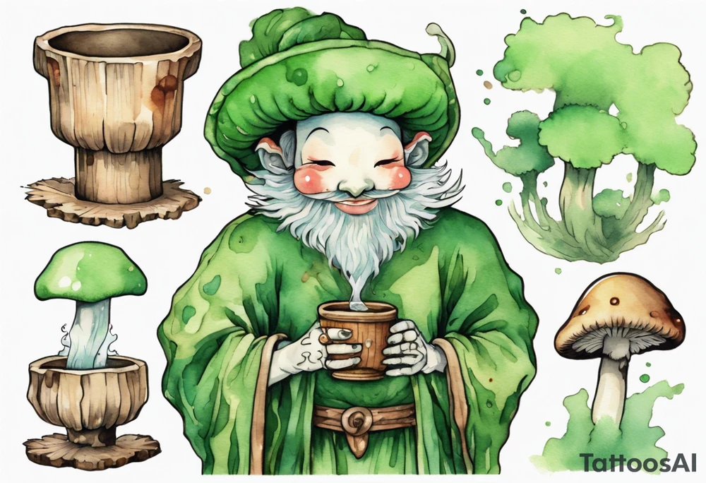 a mushroom person with a smiling green furry face wearing a medieval tunic drinking from a wood cup tattoo idea