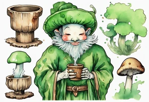a mushroom person with a smiling green furry face wearing a medieval tunic drinking from a wood cup tattoo idea