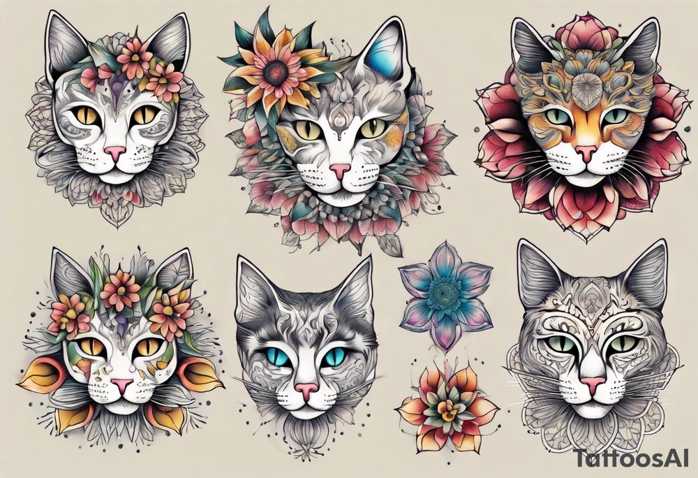Cat colored flowers Mandala tattoo idea