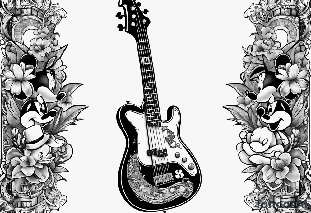Tattoo full left arm with a collage of a bass guitar, mickey mouse, a caduceus, two stars tattoo idea