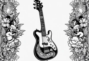 Tattoo full left arm with a collage of a bass guitar, mickey mouse, a caduceus, two stars tattoo idea