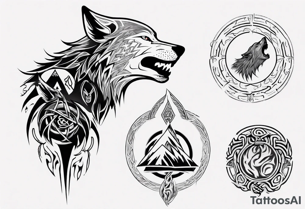 Wolf howling with Norse symbols, a bit of Māori symbolism tattooing as its fur to represent strength tattoo idea