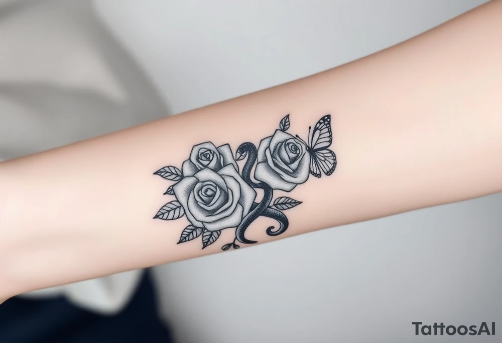 Joker tattoo with roses and a snake through the roses and money butterfly’s with filler ink tattoo idea