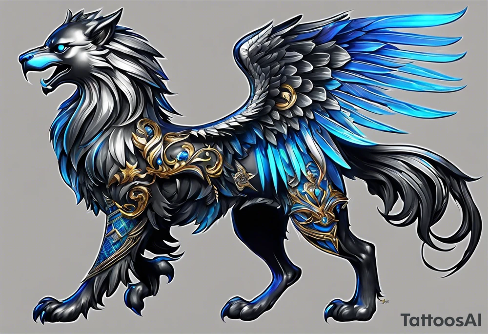 black cyber matallic griffin with golden and silver accents and blue neon tattoo idea