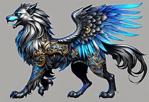 black cyber matallic griffin with golden and silver accents and blue neon tattoo idea