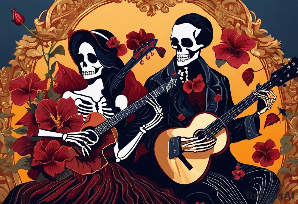 a female skeleton holding a hibiscus flower and a male skeleton playing a guitar. The scene should capture a moment of connection between the two, with the female skeleton attentively listening to the music played by the male skeleton. Emphasize the details of the hibiscus flower,  and the fluidity of the music being played on the guitar. tattoo idea
