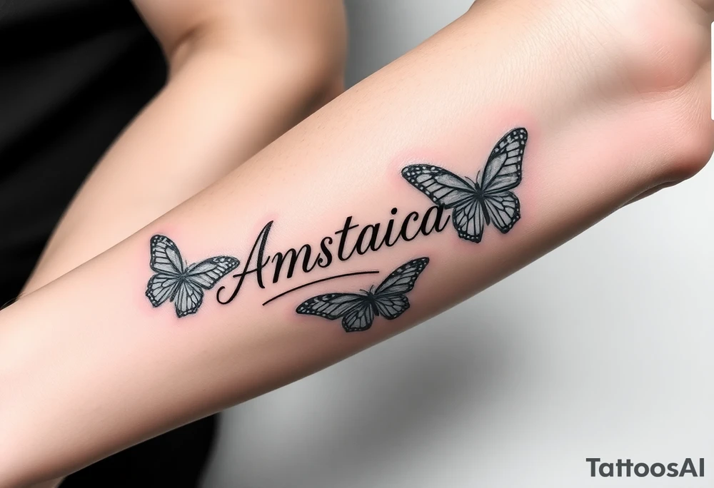 Anastacia in old English long beach California theme with butterflies tattoo idea