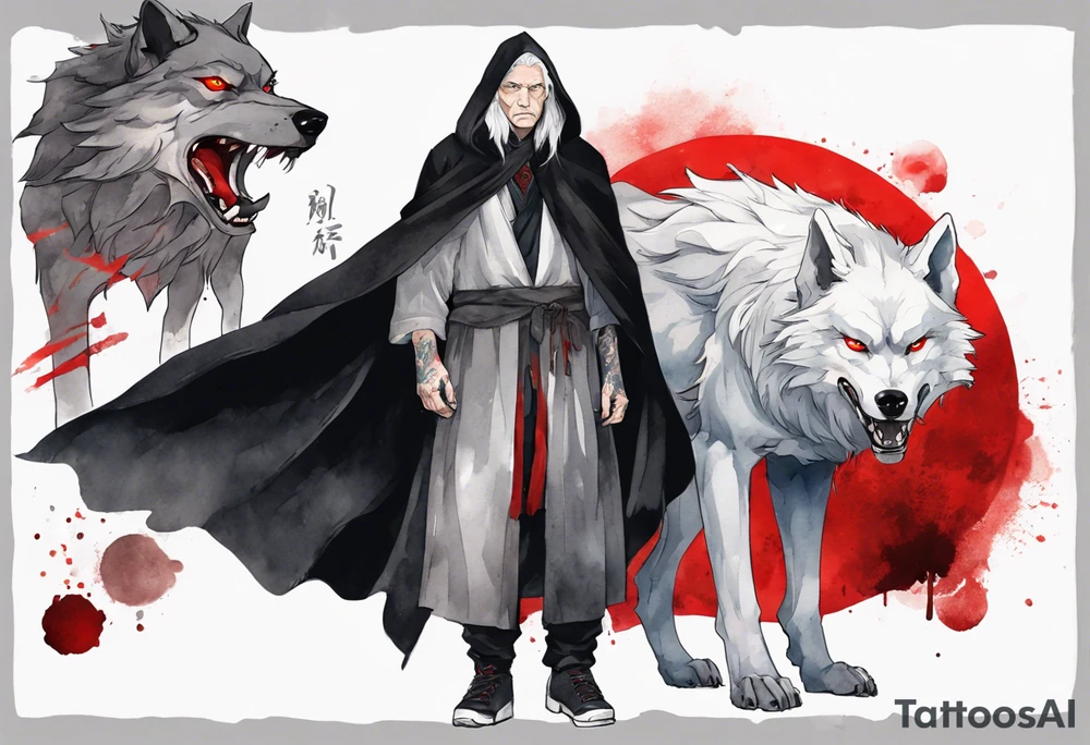 a gaunt man with white hair, grey eyes, and a black cloak standing beside a massive grey wolf with red eyes tattoo idea