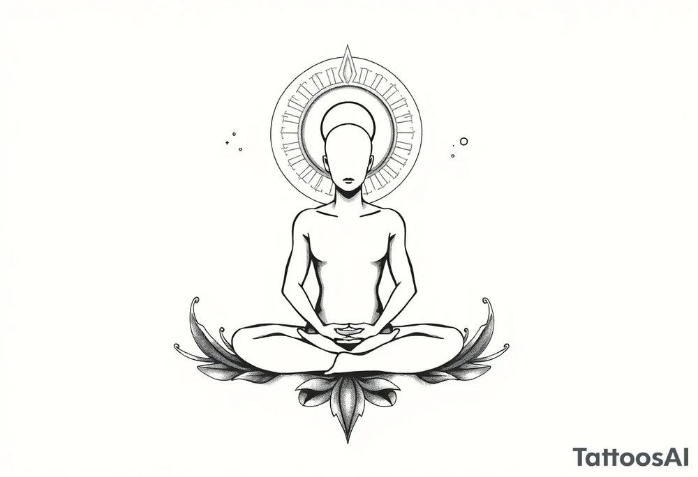 a figure - just a shadow /outline sitting in lotus position meditating based on the lyrics “doing time in the universal mind” by the doors - with a psychedelic trippy background as the meditation expands out from his head into the universe / cosmos tattoo idea