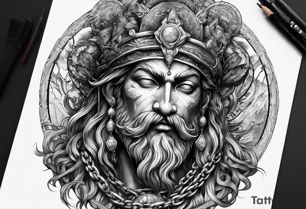 ancient god atlas ( young looking version ) surrounded by big chains and carrying the world top of his head tattoo idea