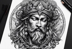 ancient god atlas ( young looking version ) surrounded by big chains and carrying the world top of his head tattoo idea